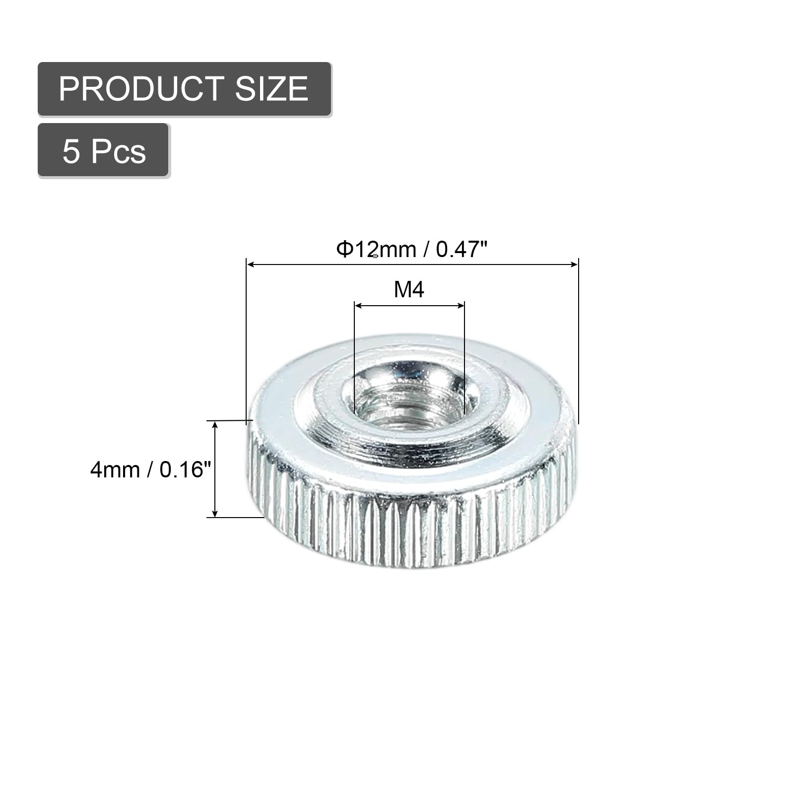 QUARKZMAN Dadi Zigrinati, Filettatura Femmina Tipo Sottile M4, Dado Zigrinato Acciaio Carbonio Zincato Testa Piana con Foro Passante per Bloccaggio Dadi Regolazione Stampante 3D, 5Pz