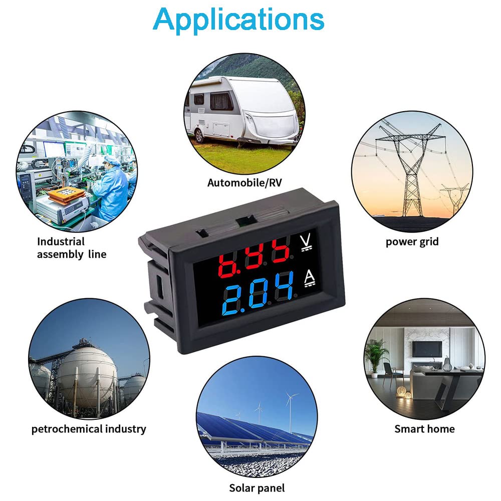 Greluma 1 Pezzo Voltmetro amperometro digitale da 0,28'', DC 0-100V 50A, doppio display LED rosso e blu, misuratore di tensione e corrente, tester 2 in 1 con shunt 50A/75mV
