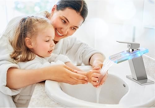 Miniatura 2 de Qomolangma Grifo de baño de cascada LED, níquel moderno de una sola manija para fregadero de 13 agujero, grifo mezclador de tocador con cubierta,