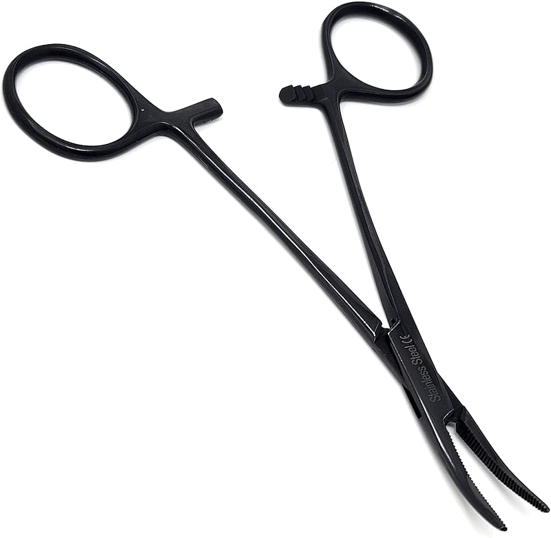 Hemostat Locking Forceps 5" Curved with Full Serrated Jaws Ideal for Clamping, Fishing, Firefighters Nurses Doctors + More (Tactical Black)