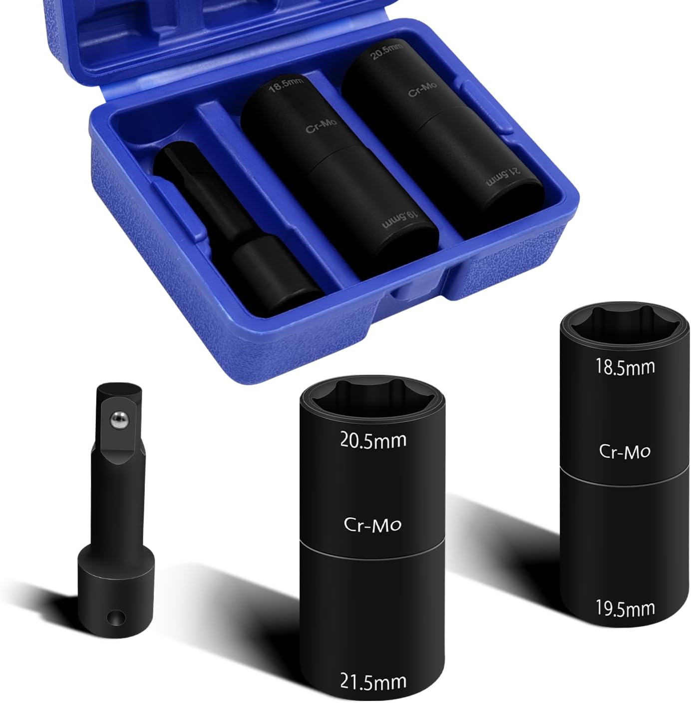 3PCS 1/2" Drive Flip Lug Nut Impact Socket Set, Half Sizes Lug Nut Socket Kit with 18.5/19.5mm 20.5/21.5mm & 3" Extension Bar, Dual-End Thin Wall Nut Socket, Double Sided Lug Nut Extractor