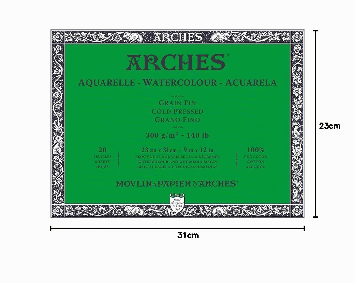 ARCHES Aquarelle - Bloc 20 feuilles 23x31 collé 4 côtés - 300g/m² - grain fin, blanc naturel, 4 bords francs
