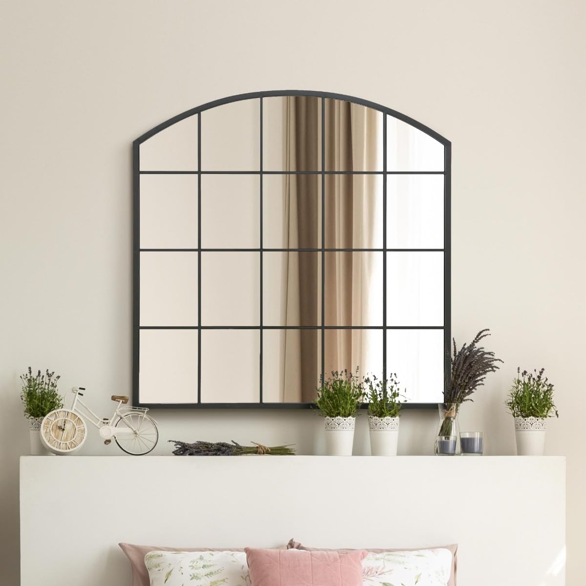 The Arcus New Extra Large Black Arched Window Mirror 39""x39"" 100x100cm