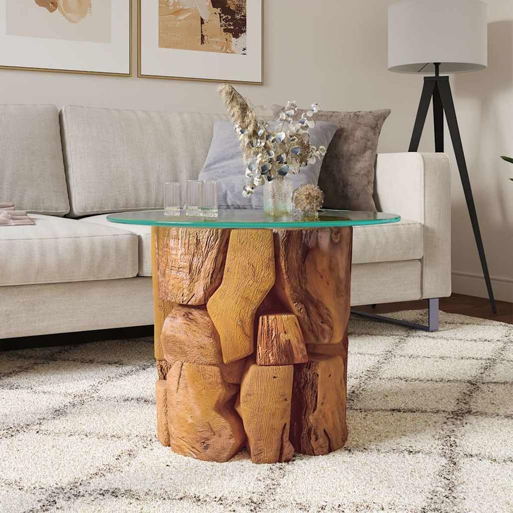 vidaXL Coffee Table, Round End Table with Glass Tabletop, Side Table for Living Room Bedroom, Farmhouse Modern, Solid Teak Driftwood