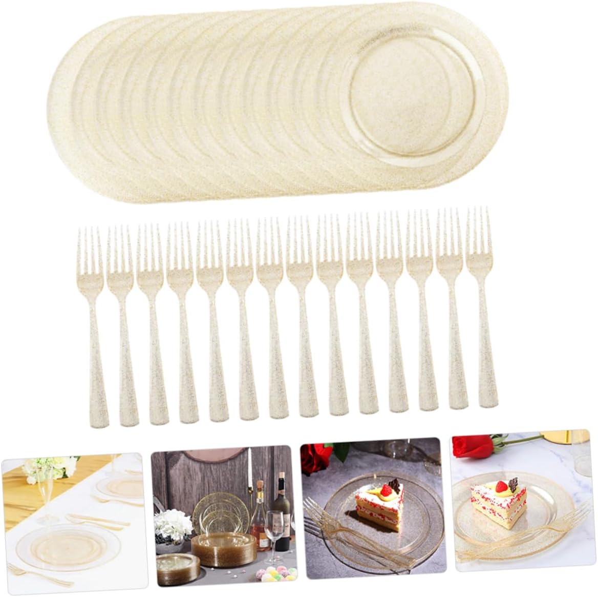 1set Disposable Glitter Party Plates Plastic Dessert Serving Plates Forks for Events Weddings and Celebrations for Appetizers and Desserts