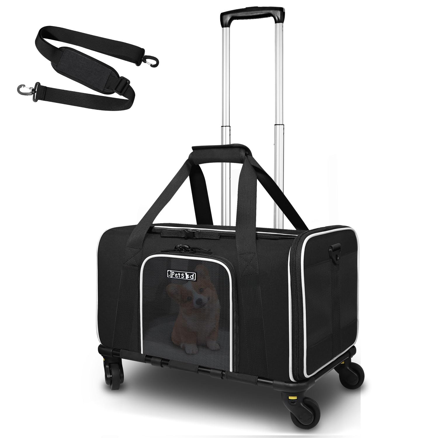 Pet Carrier with Wheels 18x11x10.5 Delta American United Airline Approved, Soft cat Dog Carrier for 1-12 LBS Pets with Safety Lock Zipper(Black)
