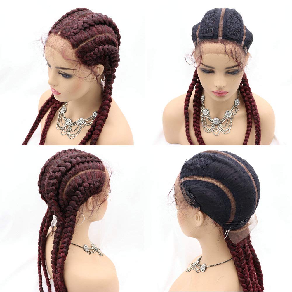 Natural Burgundy Color 4x Twist Double Dutch Braids Wigs Synthetic Lace Front Wigs for Women Wine Red Cornrow Braids with Baby Hair Extra Long 4xBraids Mixed 99J Four Braided Hand-made Wigs