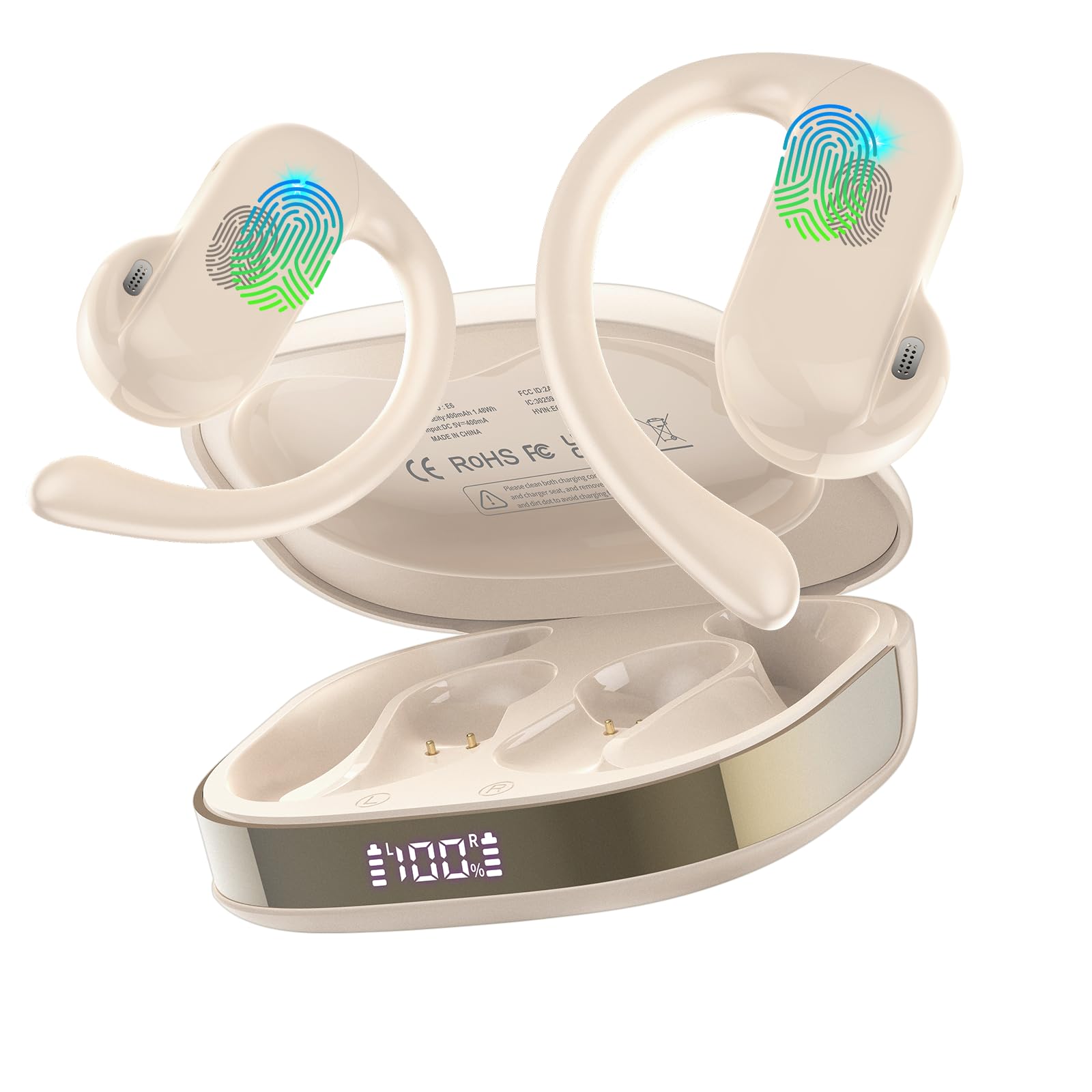 DUSONLAP Ecouteurs Bluetooth sans Fil, Open-Ear Sport Écouteur Bluetooth 5.4 HiFi Stéréo, 42H Oreillette sans Fil avec ENC Mic et Écran LED, IPX7 Ecouteurs pour Course/Ciclismo, iOS Android, Blanc