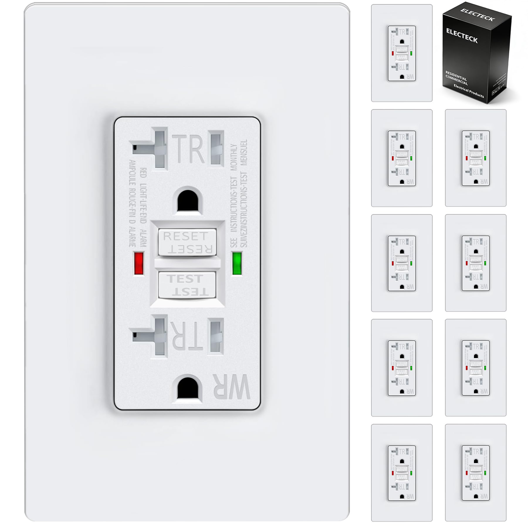10 Pack GFCI Outlets 20 Amp, Outdoor Weather Proof (WR), Self-Test GFI Receptacles with LED Indicator, Ground Fault Circuit Interrupter, Screwless Wallplate Included, UL Listed, White