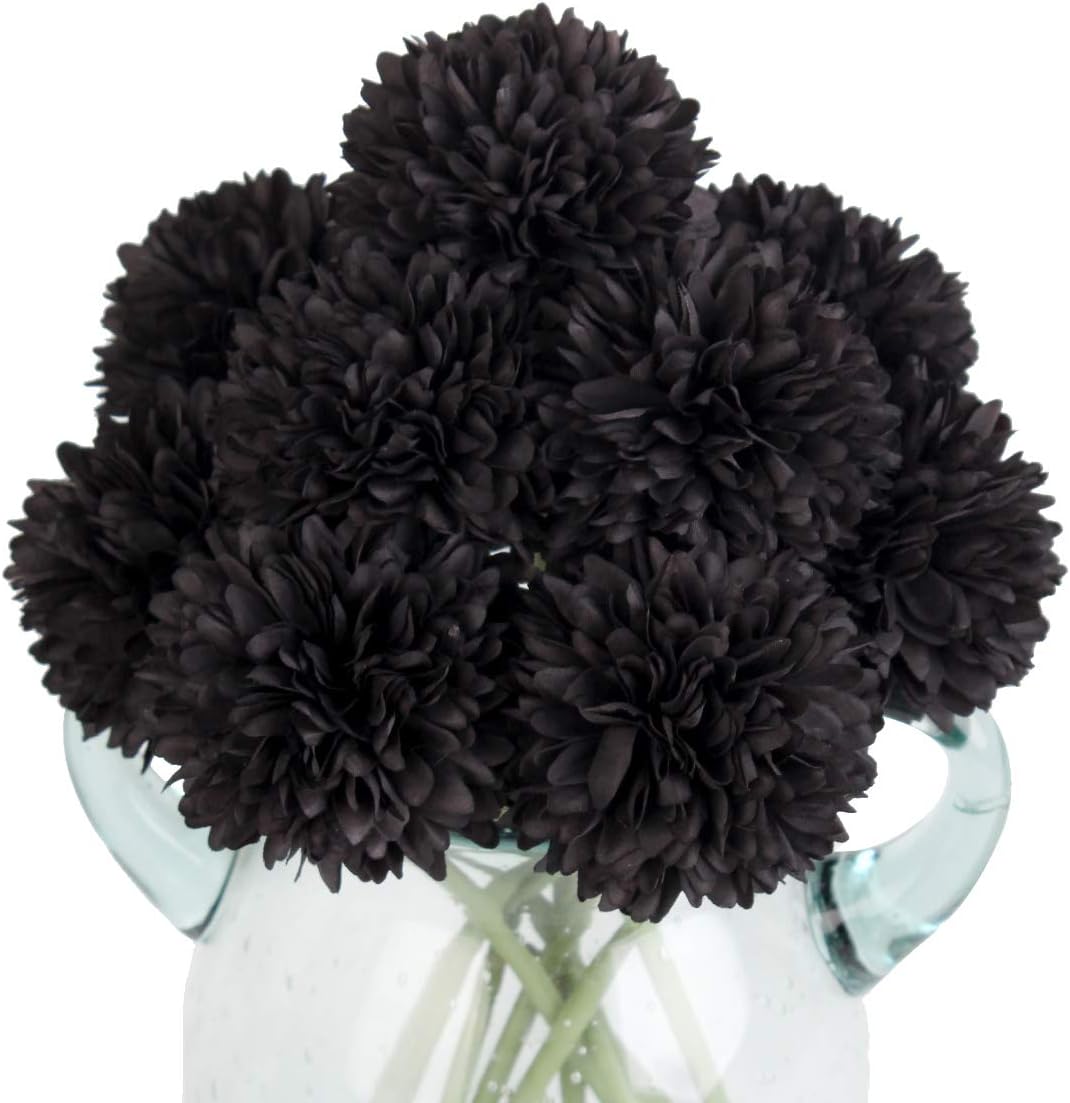 Louiesya 12pcs Black Artificial Flowers Fake Flowers Silk Artificial Chrysanthemum Ball Hydrangea Bridal Wedding Bouquet for Home Garden Party Decor (Black)