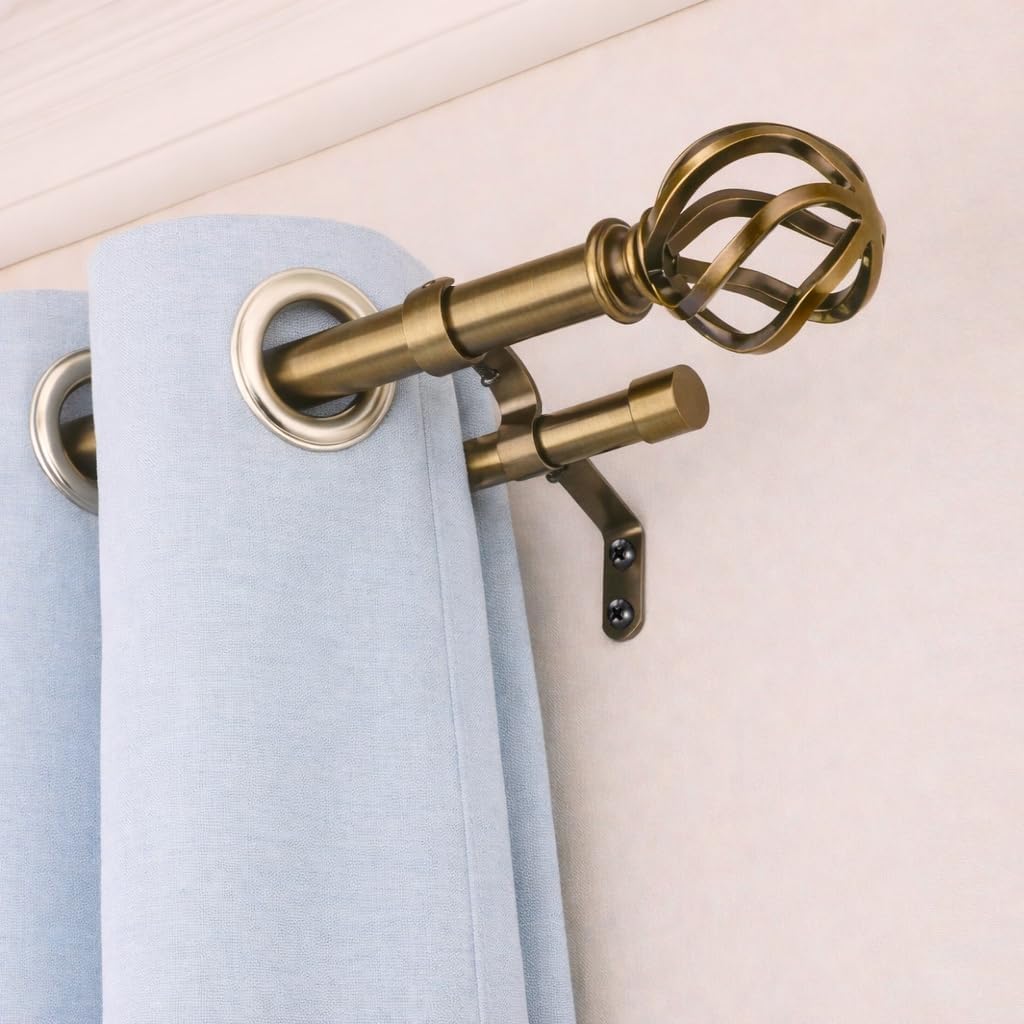 Brass Double Curtain Rods, Heavy Duty Decorative Drapery Rod 36-72 Inches, Telescoping Drapery Rod with Twisted Cage Finials