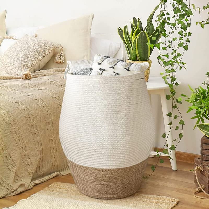 Image of GRATIFY Large Woven Rope Laundry Basket, 80 L Tall Dirty Clothes Hamper with Handles Storage Blankets, Toy for Bedroom, Living Room (brown white 1 Pcs)