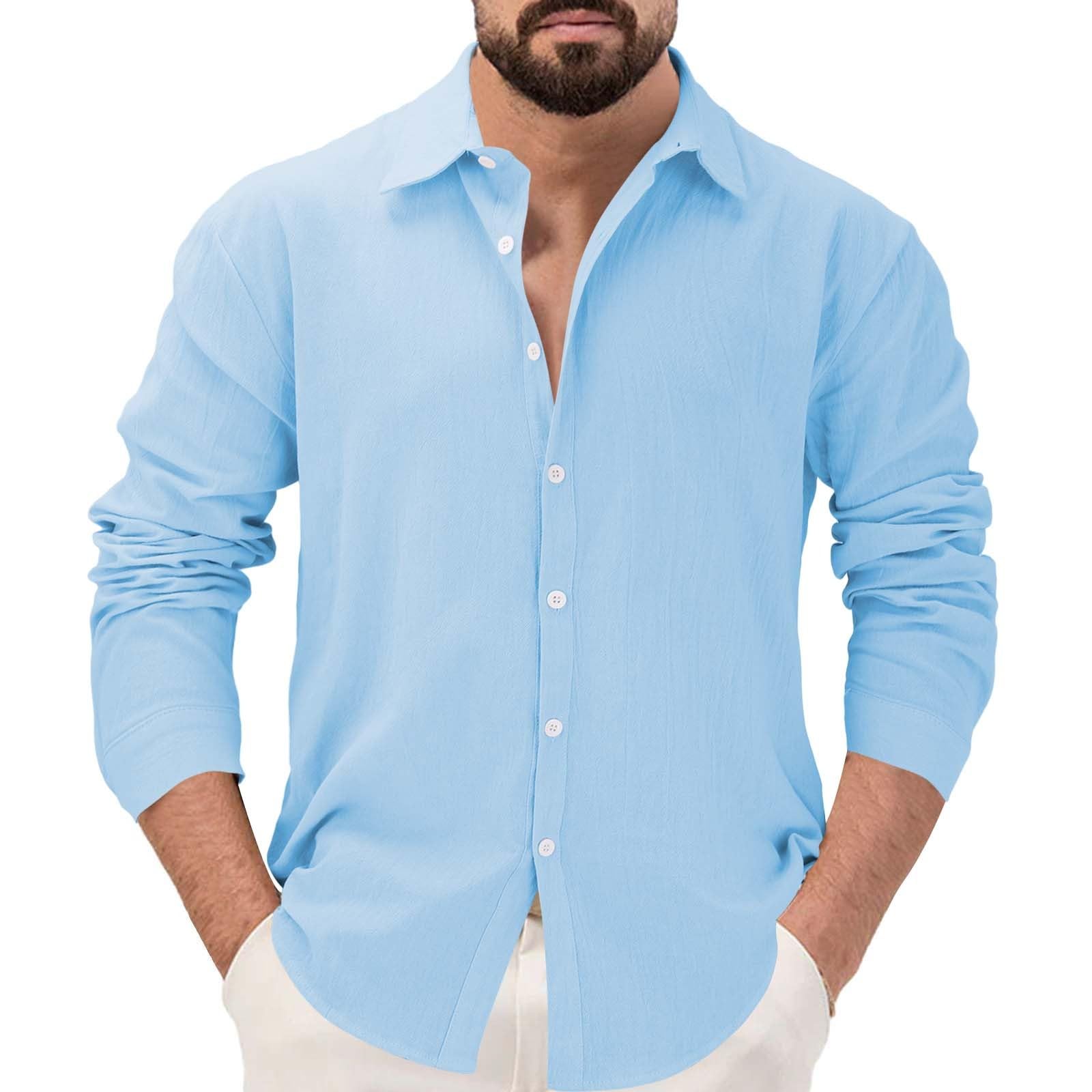 Men's Dress Shirts Retro Untucked Long Sleeve Chambray Shirts Business Casual Button Down Work Shirts with Pockets