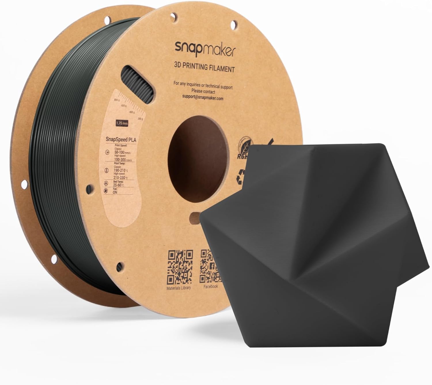 Snapmaker PLA Basic Filament 1.75mm,Snapspeed 3D Printer Filament for Up to 300mm/s High Speed Printing,Dimensional Accuracy +/- 0.02 mm,Clog-Free for Most FDM Printers,1kg Spool (2.2lbs) (Black-RFID)