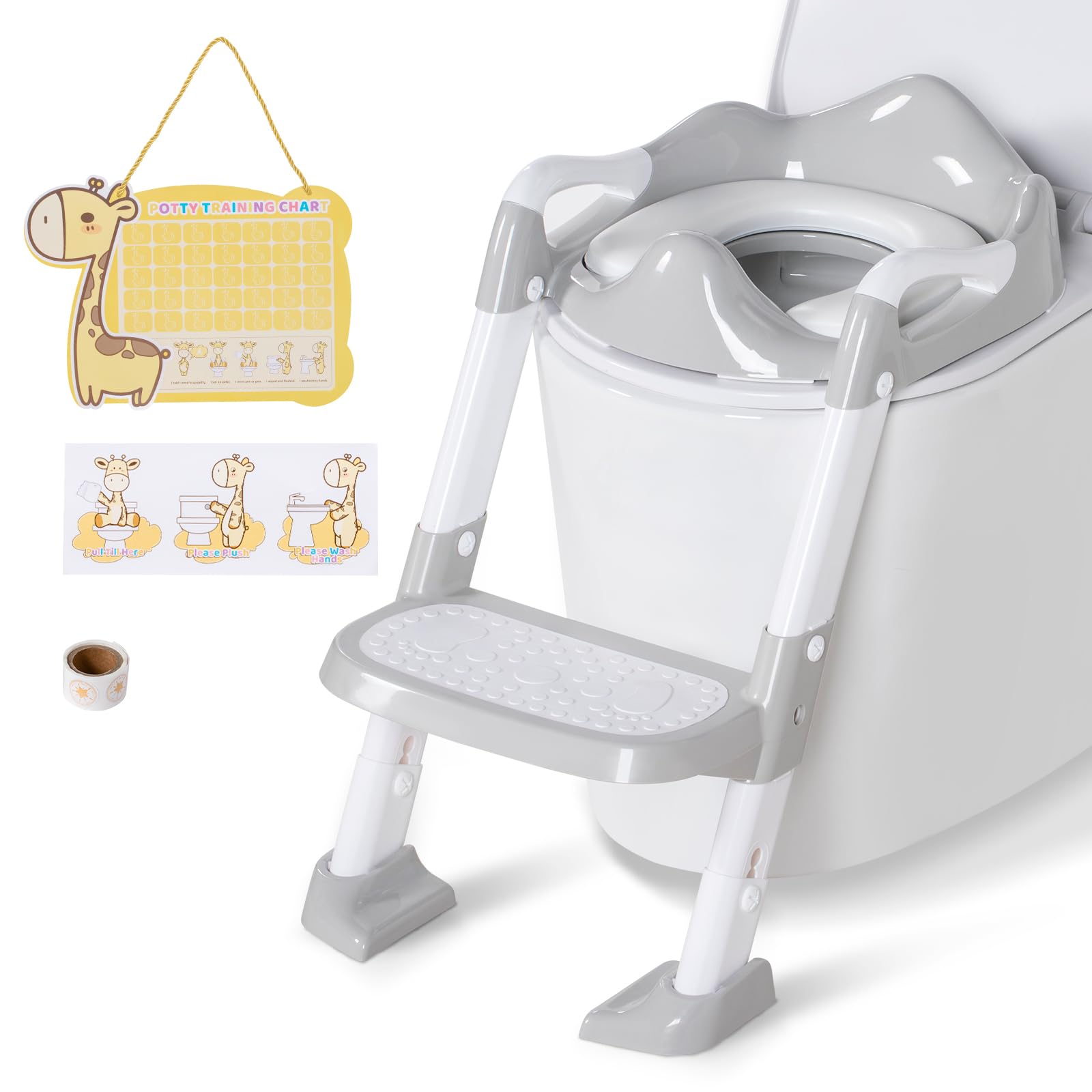 OHKIDS Potty Training Seat with Step Stool, Toddler Toilet Seat w/Ladder, Potty Training Chart, Splash Guard & Upgraded Non-Slip Pads, Kids Foldable