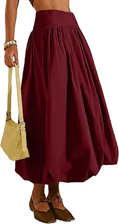Women's Bubble Long Skirt Elastic Waist A-Line Pleated Ruffle Flowy Balloon Maxi Skirts with Pockets