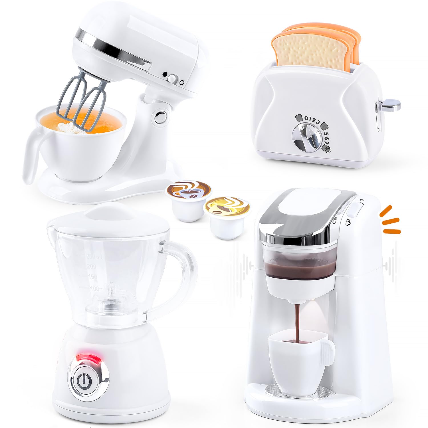 PLAY Ustensile Cuisine Enfant Accessoire avec Cafetiere, Mixer, Blender et Grille Pain Jouet avec Eclairage et Son Réalistes, Set de Cuisine Jouet pour Enfant 3+ Ans (Blanc)