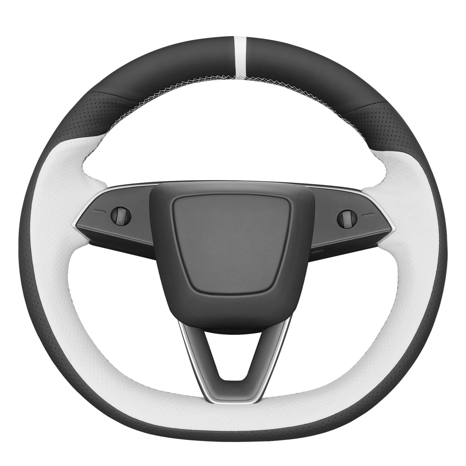 MEWANT Hand Stitched White Leather Steering Wheel Cover for Tesla Model 3 Highland 2023 2024 2025