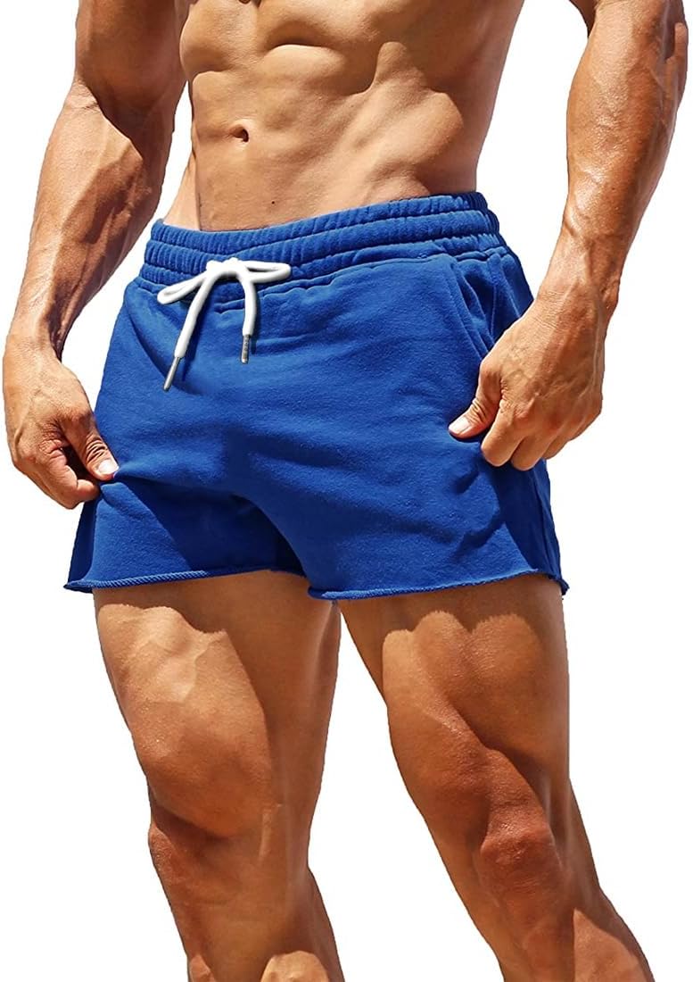 Men's Gym Sport Bodybuilding Workout Casual Shorts with Pockets 3 inch Inseam Raw Hem Terry Cotton