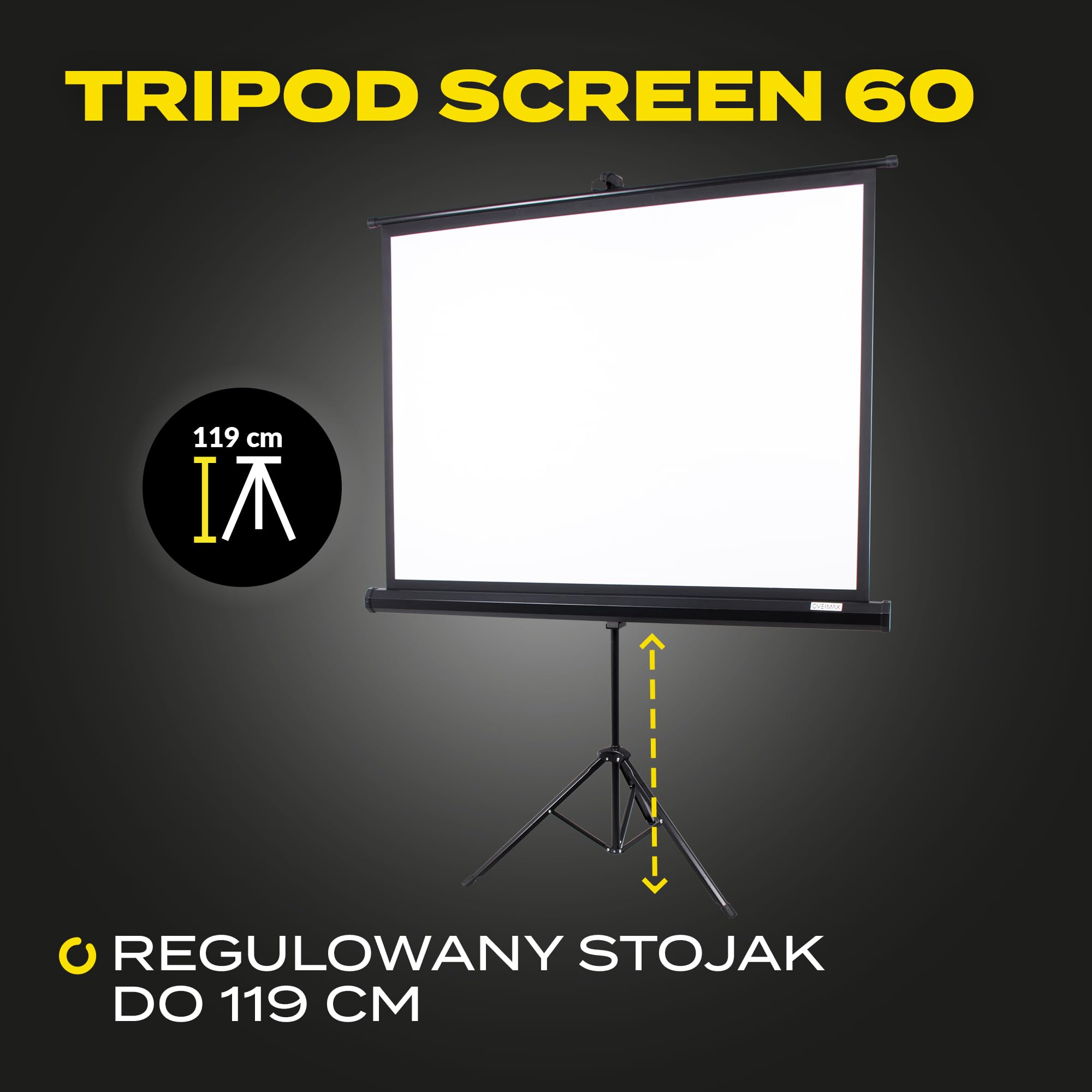 OVERMAX Tripod screen 60” Ekran projekcyjny na statywie 60 cali 116×87 cm trójnożny, regulacja wysokości statywu oraz ekranu, automatyczne sprężynowe zwijanie ekranu, białe, matowe płótno