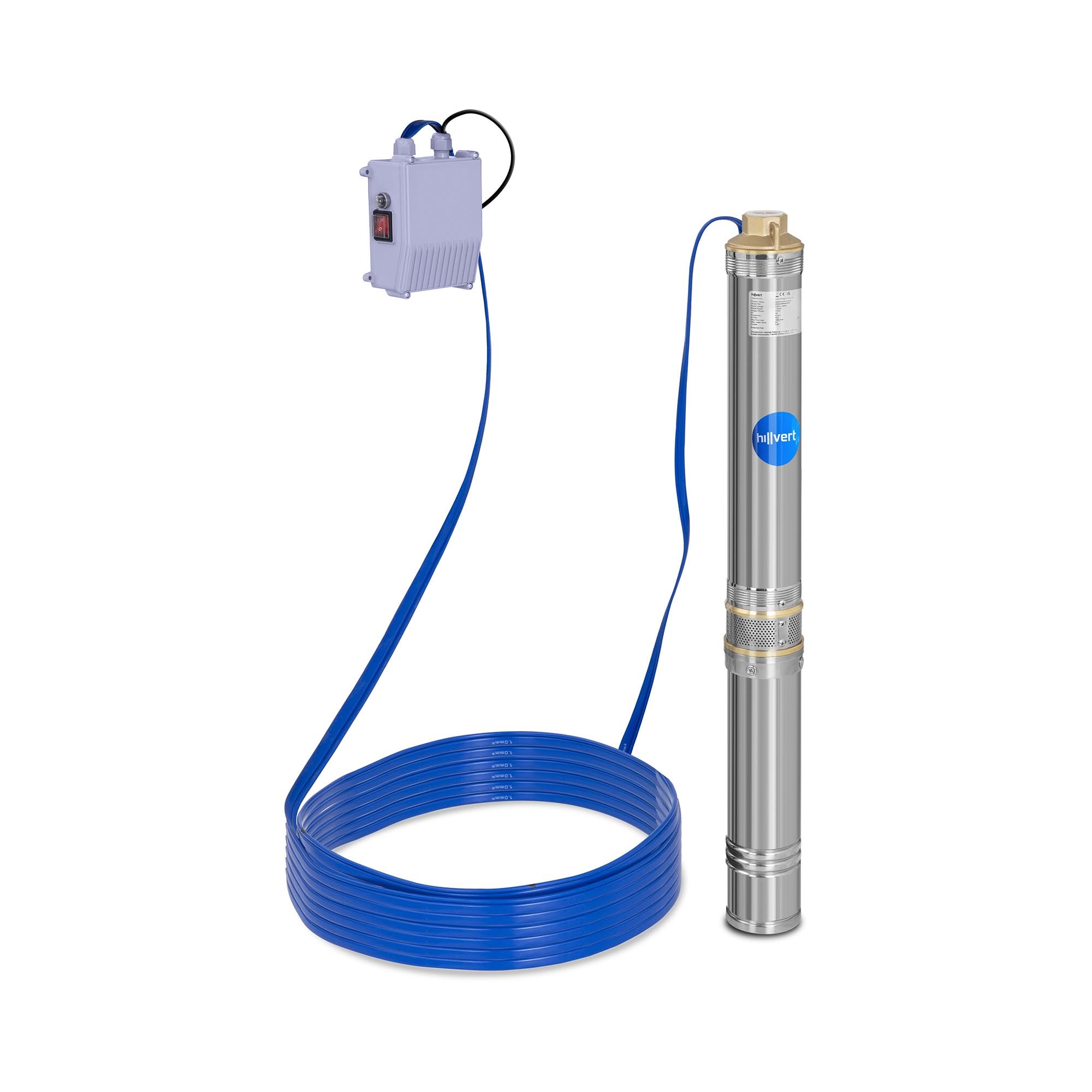 Hillvert Deep Well Pump Submersible Max. Flow Rate: 6,000 l/h, 750 W, Max. Transport Depth: 72 m, Ø 95 mm, Incl. Switch Box, Stainless Steel