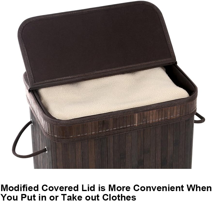 SONGMICS Bamboo Laundry Hamper Storage Basket Foldable Dirty Clothes Hamper with Lid Handles and Removable Liner Rectangular Dark Brown ULCB10B