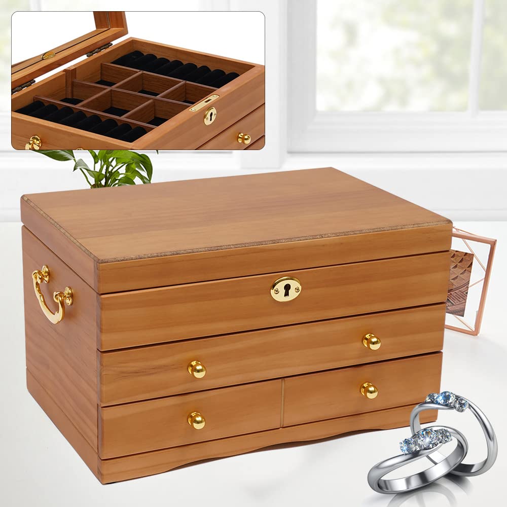 Hölzerne Schmuckschatulle, Schmuckkästchen aus Holz für Frauen, Vintage Abschließbar Schmuckschatulle, Massivholz-Organizer für Schmuck, Halsketten, Ringe, Aufbewahrungsbox (mit Spiegel)