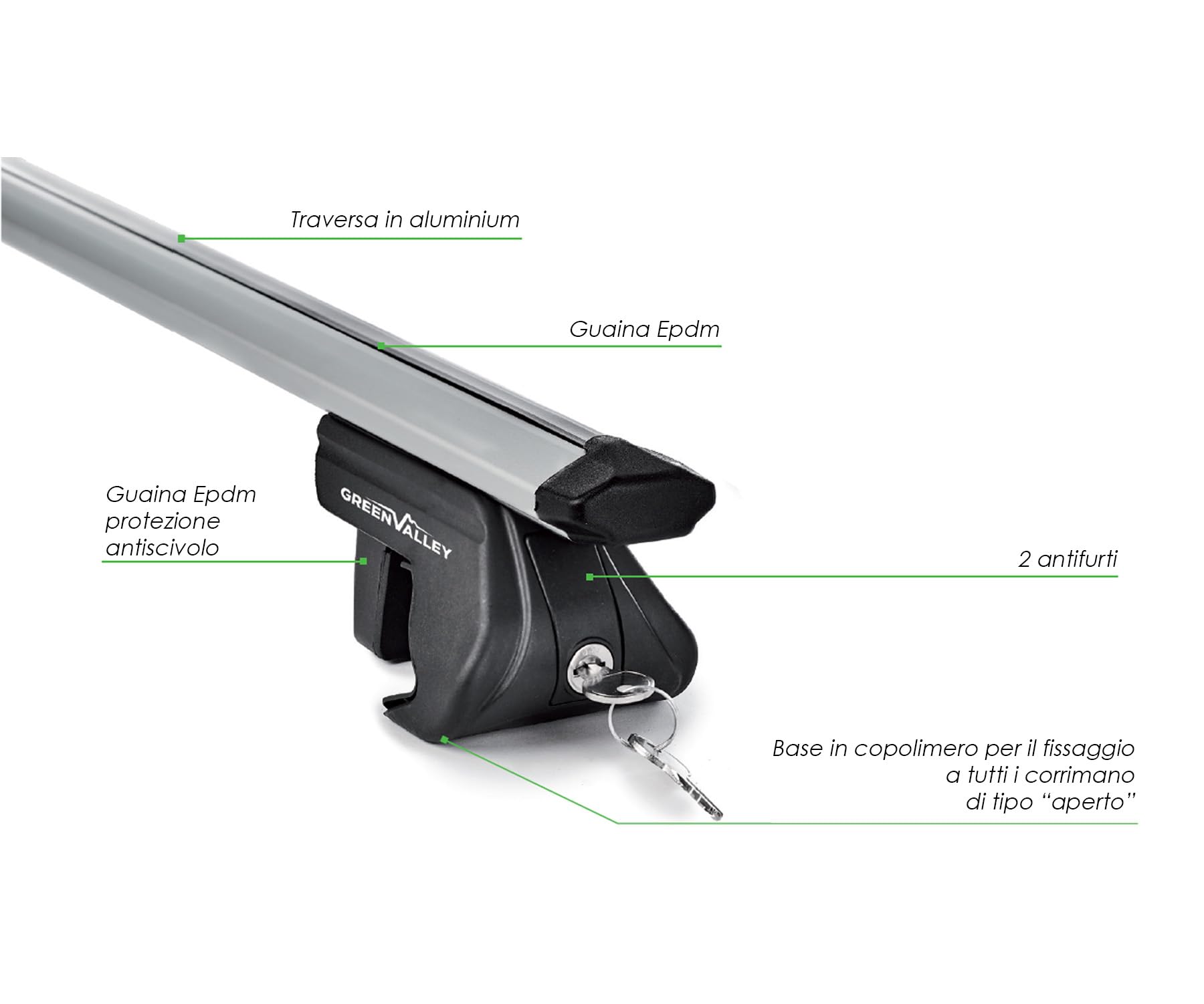 Green Valley 2 Barre Tetto Alluminio TRAX 120 cm Railing Aperto 90 kg