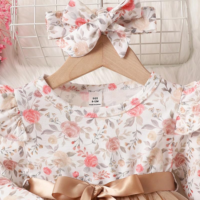 Image of Niren Enterprise Long Sleeve Printed Flower Belted Round Neck Baby Girl Frock with Knee-Length and A-Line Style