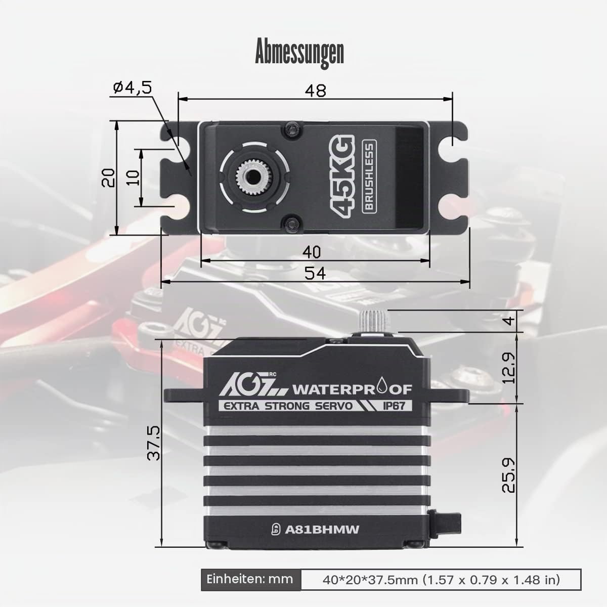 AGFRC 45 kg wasserdichter RC-Lenkungs-Servomotor High-Torque – Vollmetallgetriebe, digitales bürstenloses Servo für 1/8 1/10 RC Auto Boot Crawler, Steuerwinkel 180 ° (A81BHMW)