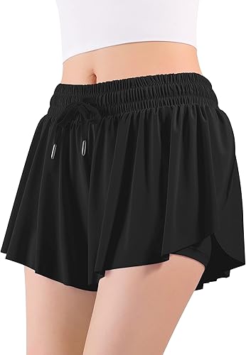 Miniatura 5 de Auranso Pantalones cortos de mariposa para niñas, pantalones cortos fluidos con bolsillo 2 en 1 para atletismo, correr, gimnasio, ropa preparatoria