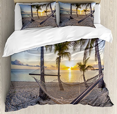 Ambesonne Tropical Duvet Cover Set, Paradise Beach with Hammock and Coconut Palm Trees Horizon Coast Vacation Scenery, Decorative 3 Piece Bedding Set with 2 Pillow Shams, Queen Size, Blue Sand