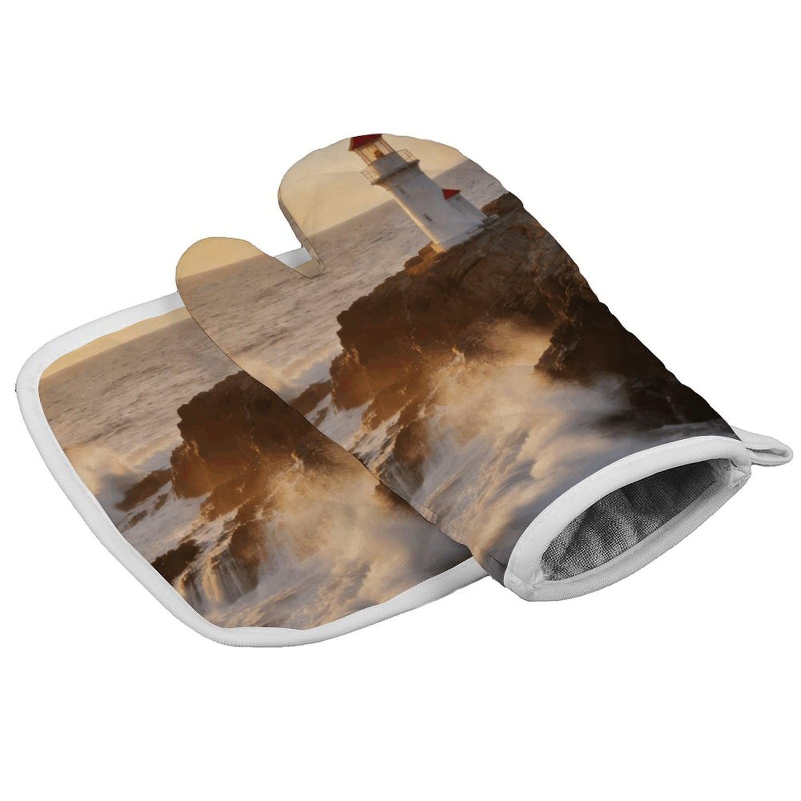 Fodpand Style Lighthouse Waves Oven Mitt Set With Lanyard, Cooking Mitt, Protective Thermal Insulation,Kitchen Mitt For Baking, Cooking, Grilling, Microwave
