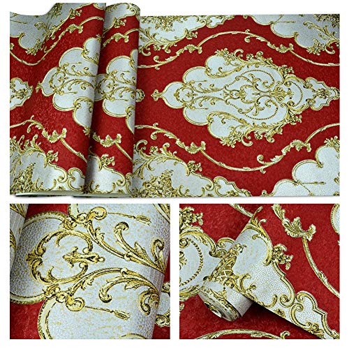 Jz·home Jz26 Red Luxury Damask Wallpaper Rolls, Metal Lace Texture Embossed Victorian Wallpaper Bedroom Living Room Hotel Wall Decoration 20.8"X 31Ft #TOP4