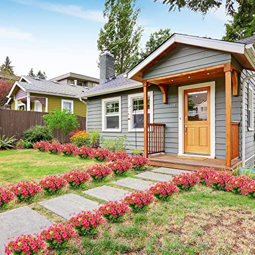 Crowye 24 Bunches Outdoor Artificial Flowers Fake Plants Anti Uv Flowers Non Fading Plastic Plant Flowers For Front Porch Hanging Flower Pots Greening Decor, 13.8 In (Rose Red) #TOP3