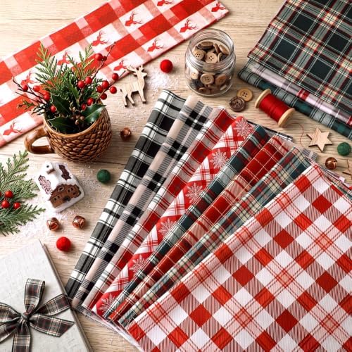 Mindsoft 12 Pcs Christmas Plaid Fabric Bundles 18 x 22 Inch Cotton Red Green Buffalo Plaid Fat Quarters Vintage Xmas Tartan Quilting Fabric Retro Check Patchwork Squares for Sewing DIY Holiday Craft