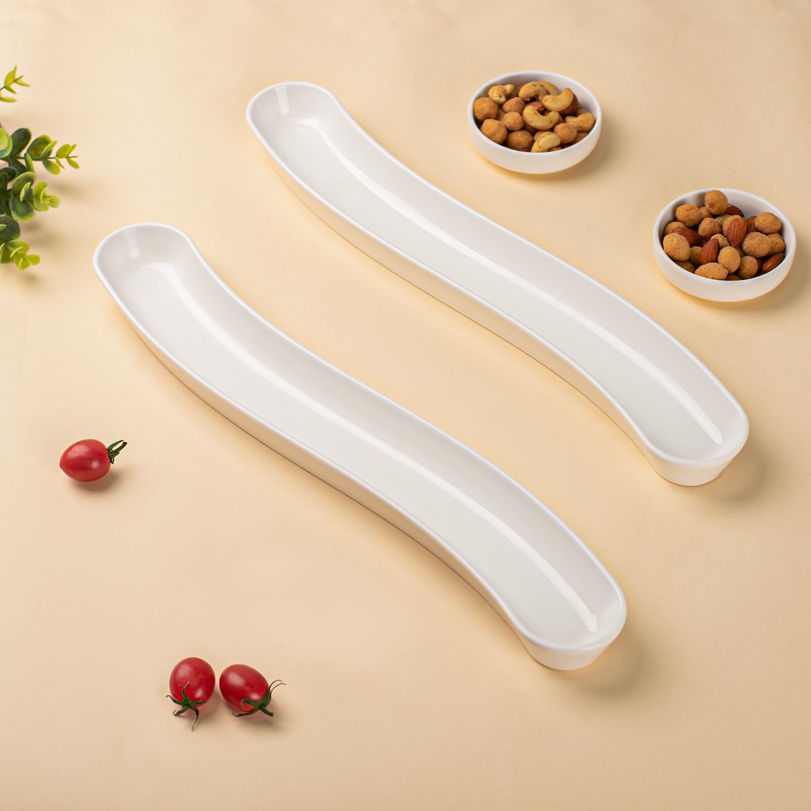 Dizada Olive Plates - Paquete de 3 bandejas de porcelana blanca de arco largo de 43 cm, plato de aperitivos de cerámica para charcutería, aperitivos, entretenimiento, apto para lavavajillas y