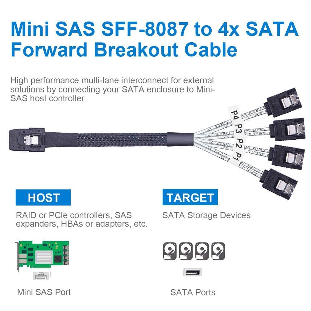 10Gtek® 6G Internal Mini SAS 36pin SFF-8087 Male to 4x SATA 7pin Female Fan-Out Forward Breakout Cable with Shrapnel, 0.8-Meter(2.64-ft)