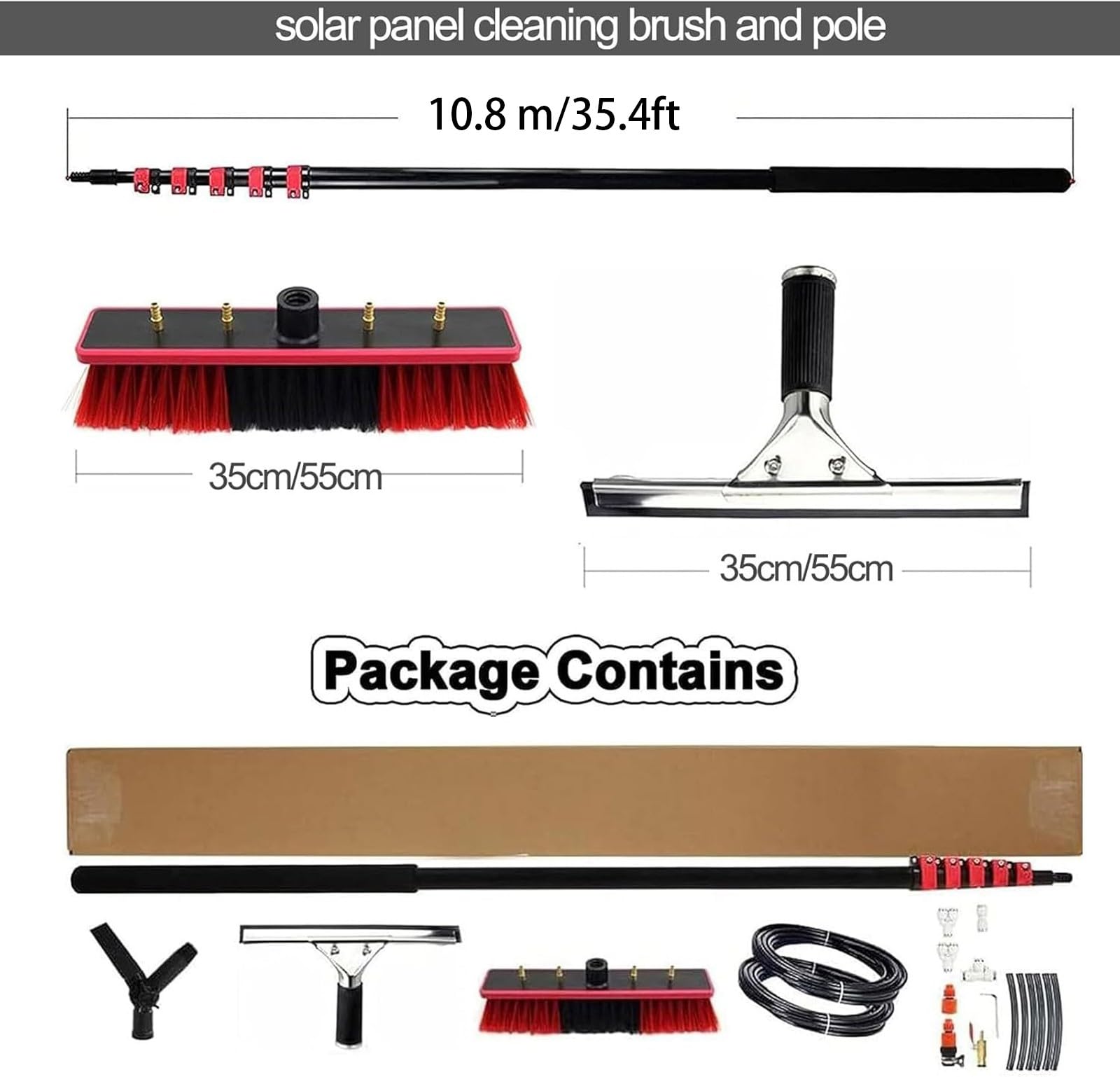 Perches Nettoyage Vitres, Kit Perches AlimentéEs en Eau, Brosse AlimentéE en Eau avec Raclette, Brosse TéLescopique Extensible, avec Tuyau d'alimentation en Eau 20 M(35cm,10.8m/35.4ft)
