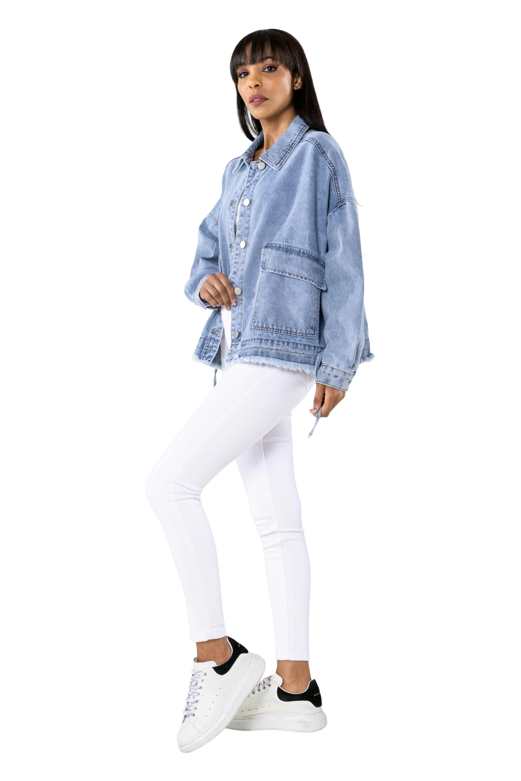 Nina Carter Damen Oversized Jeansjacke – Lockere Denim Jacke mit Knopfleiste und großer Tasche, Casual Übergangsjacke für Frühling und Herbst