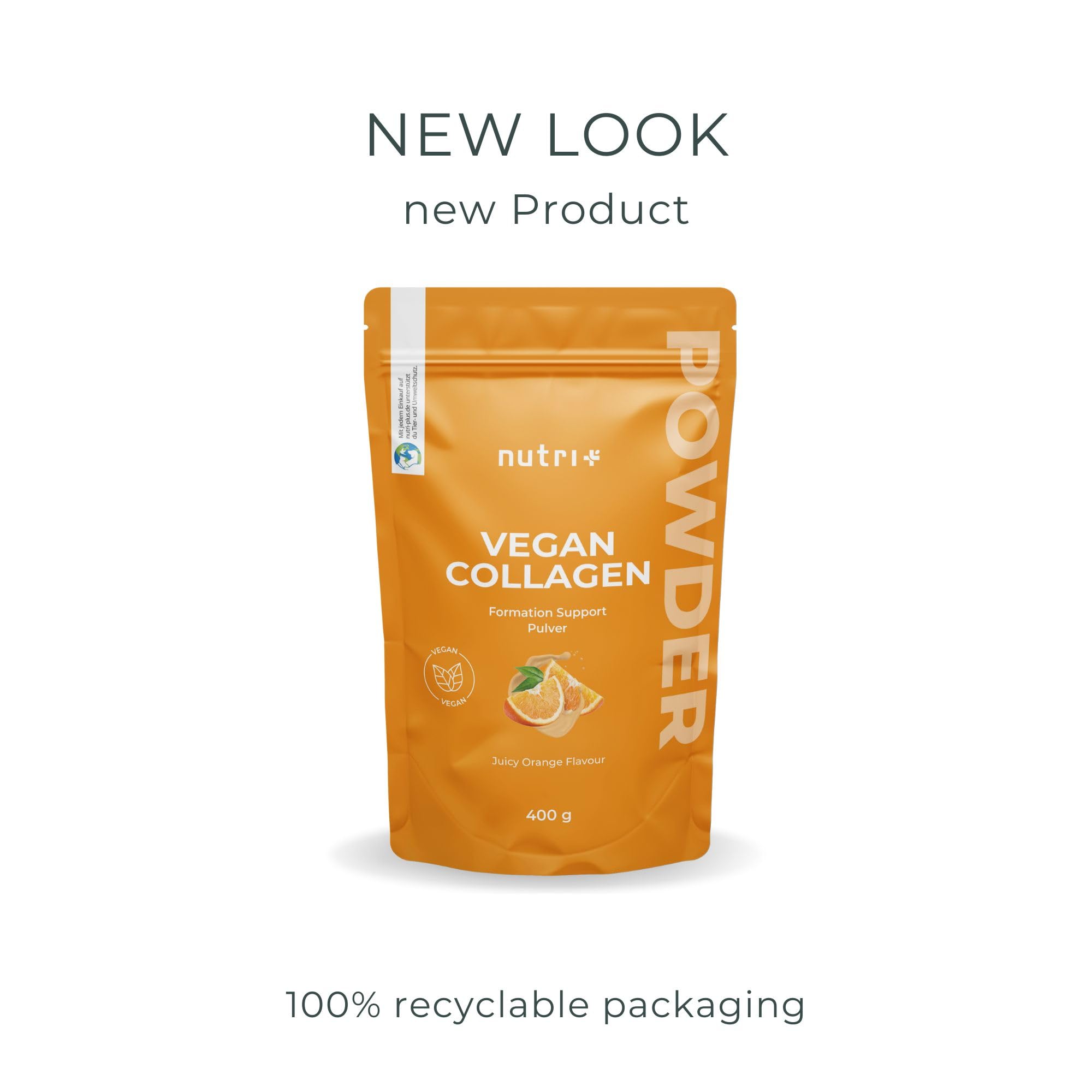 Nutri + Vegan Collagen Formation Support - Polvere Sostegno Formazione Peptidi di Collagene - con Acido ialuronico + Vitamina C per Pelle, Capelli, Unghie - 400 g Arancia