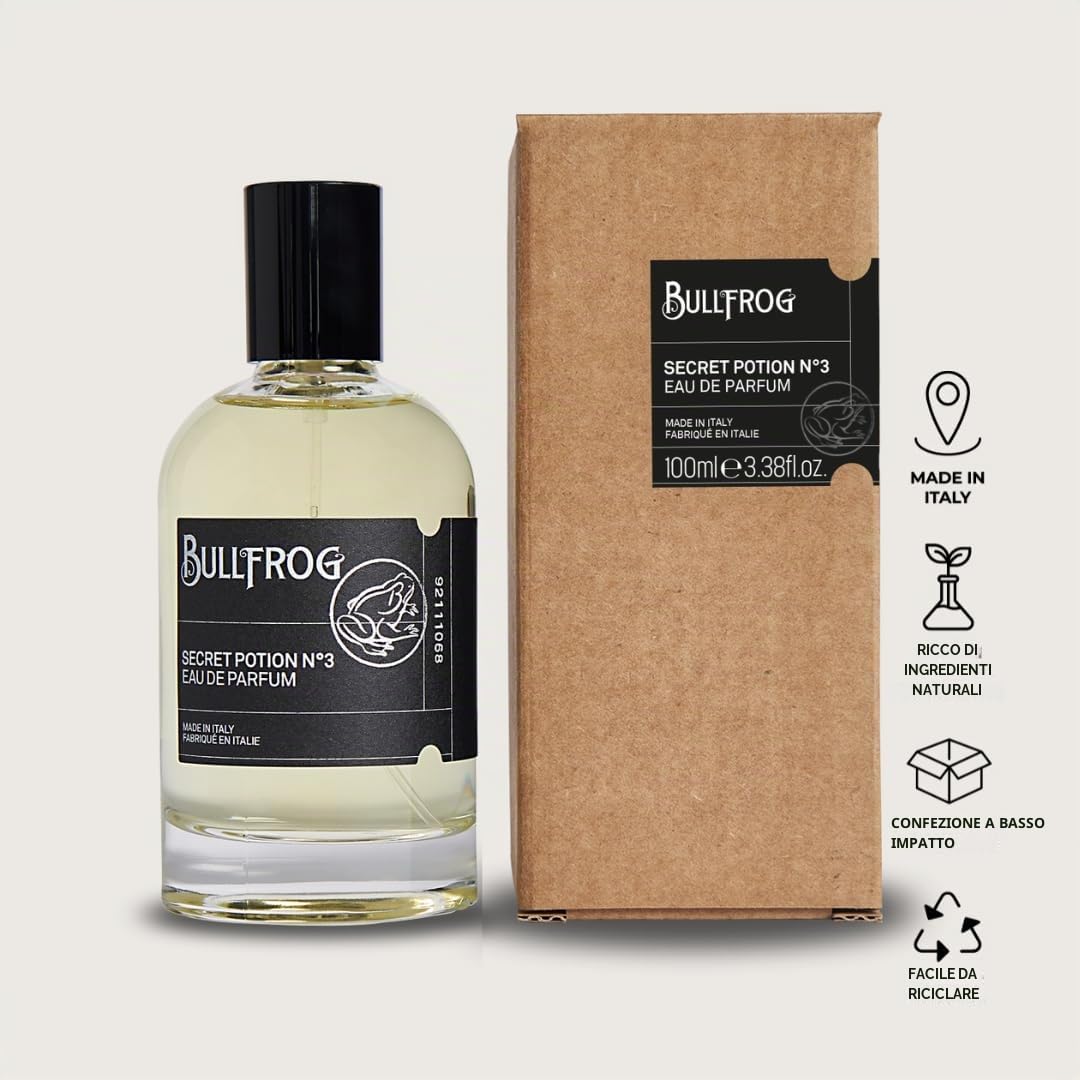 Bullfrog Eau De Parfum Secret Potion N.3 100ml - Profumo da Uomo - Note di Bergamotto, Rosa Damascena, Ambra, Salvia, Chiodi di Garofano e Legni Preziosi - Made in Italy.