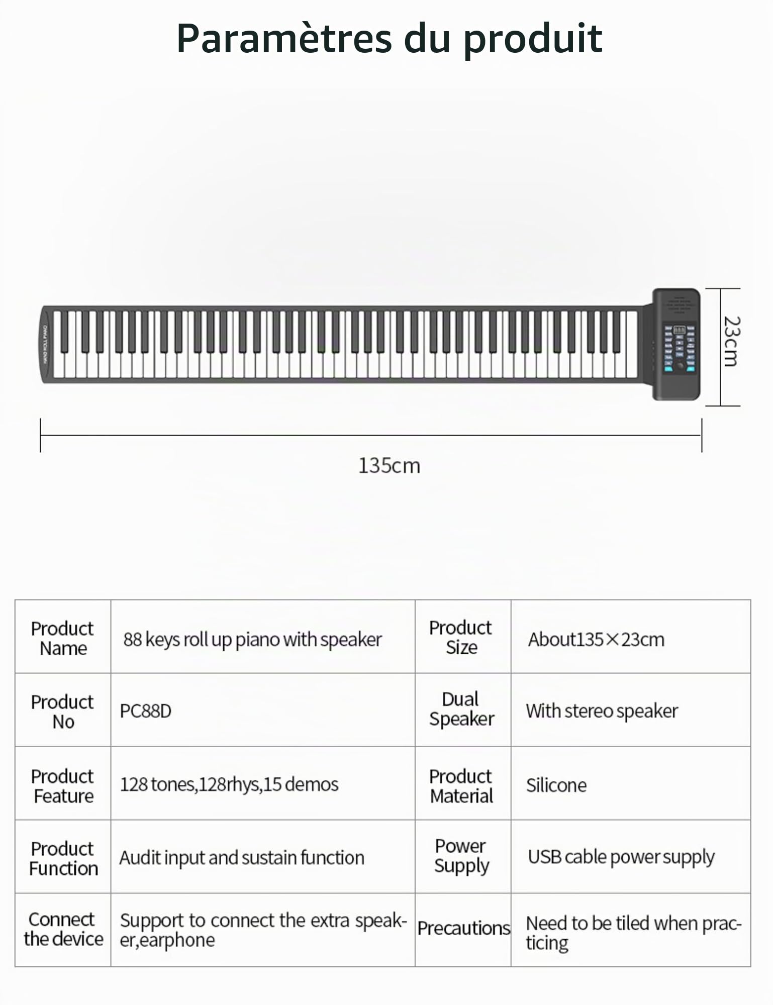 Piano Enroulable 88 Touches, Clavier de Piano électrique Rechargeable avec 128 Tonalités et Haut-parleur Intégré, Fonction MIDI Bluetooth, Piano électrique Portable(Le noir)