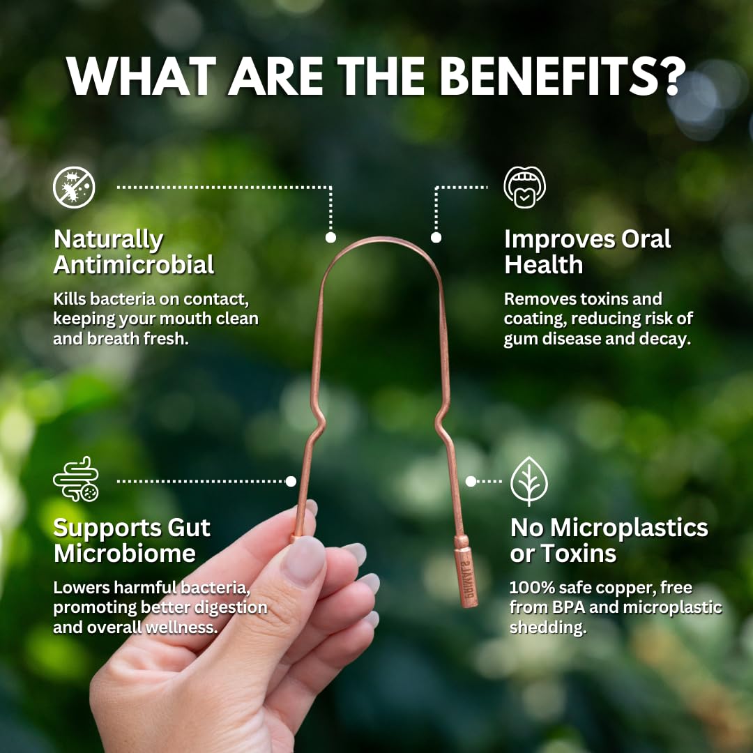 PRIMALS Copper Tongue Scraper - Fresher Breath & Improved Oral Health - Natural Ayurvedic Cleaner for Daily Detox - Rust-Resistant, Eco-Friendly with Travel Cloth Pouch Included (1 Count) - Image 2