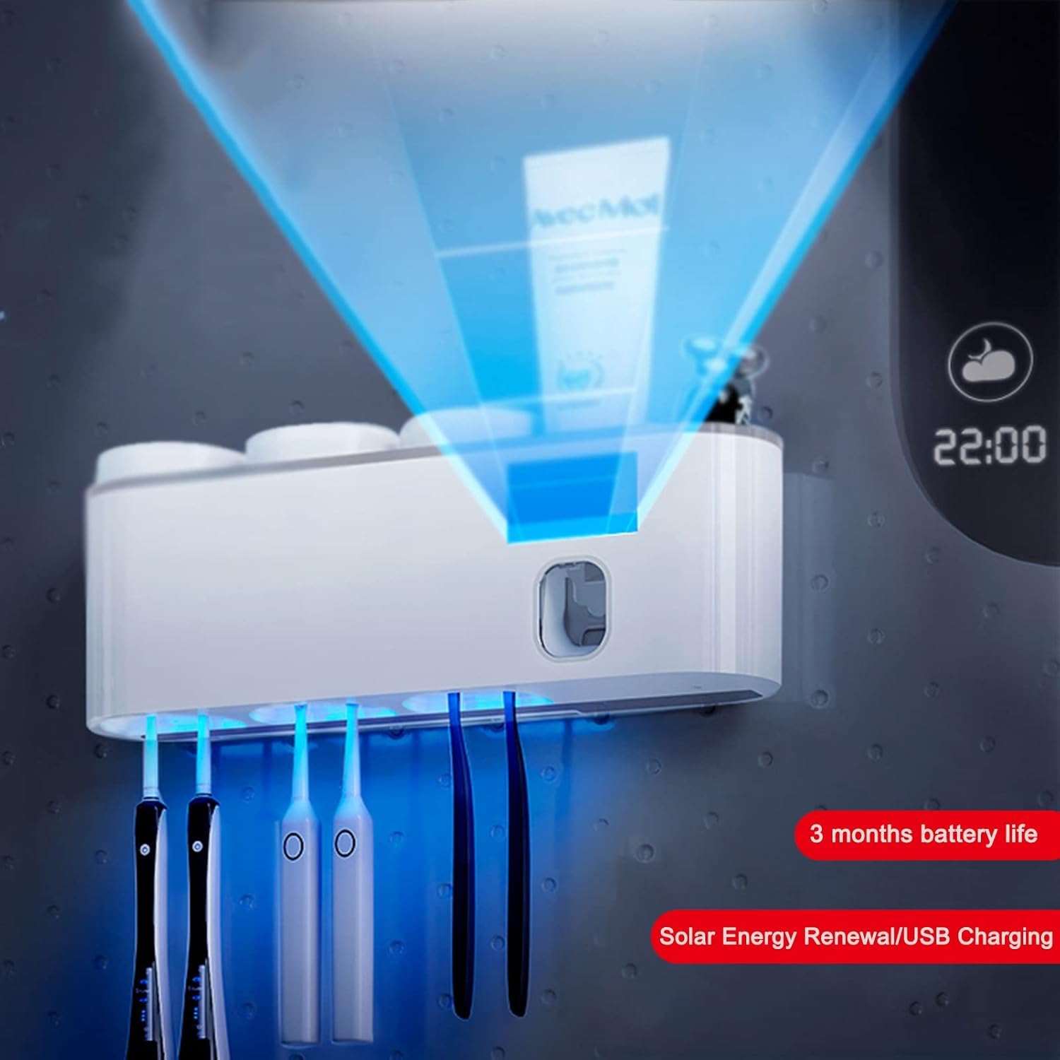 Esterilizador De Cepillos De Dientes De Montaje En Pared Y Dispensador De Pasta De Dientes Recargable, Soporte para Cepillos De Dientes USB De 1800 Mah, Organizador para White