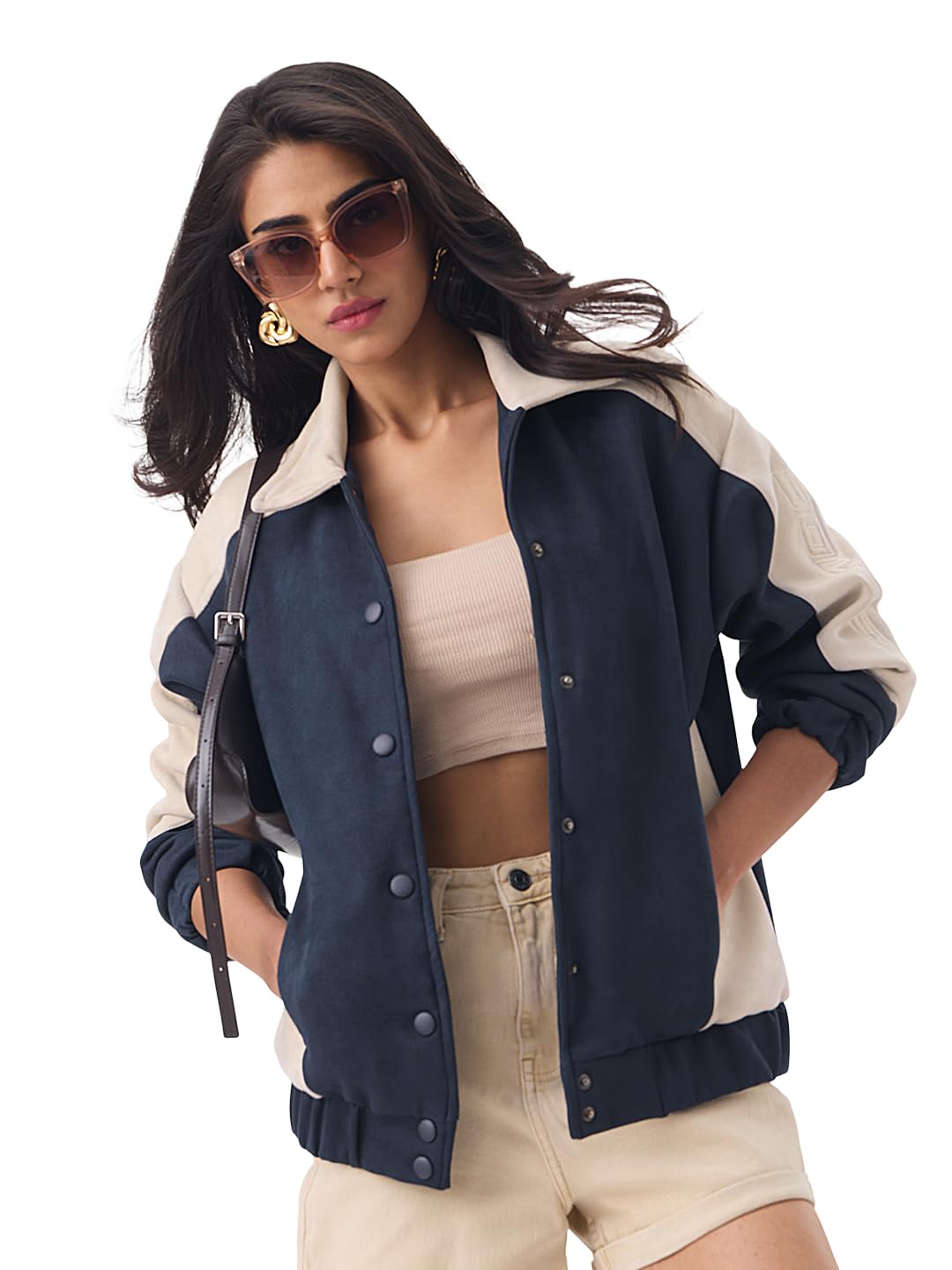 the souled store Celestial: Women and Girls Full Sleeves Spread Collar Navy and Beige Colour-Block Polyester Oversized Fit Lightweight Everyday Winter Jacket-picture-36