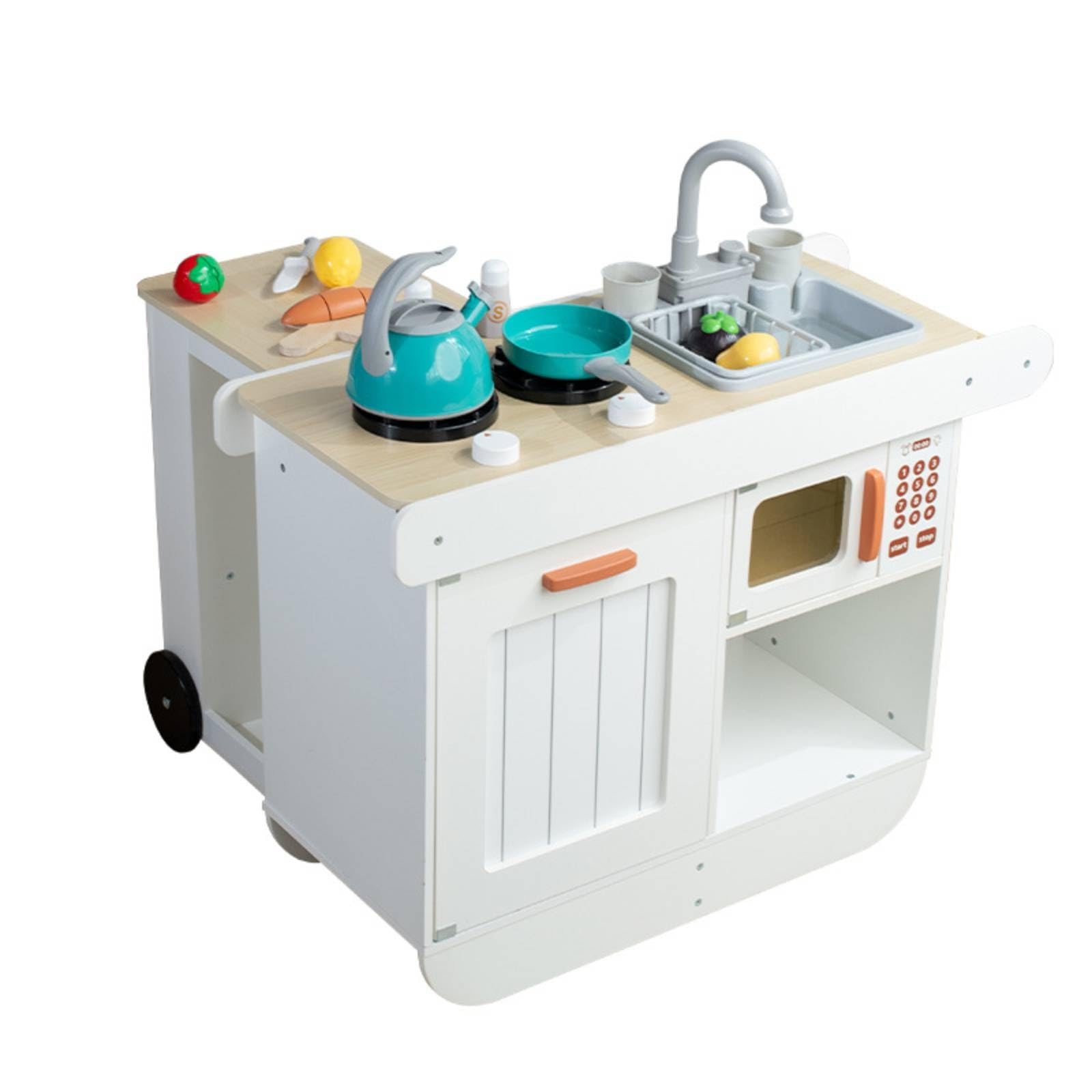 Kinder Spielküche Holz Spielküche Kinderküche Küchenwagen Rollbar mit Spülbecken Herdplatten Und Ofenfach für Rollenspiel Kinderzimmer Zuhause