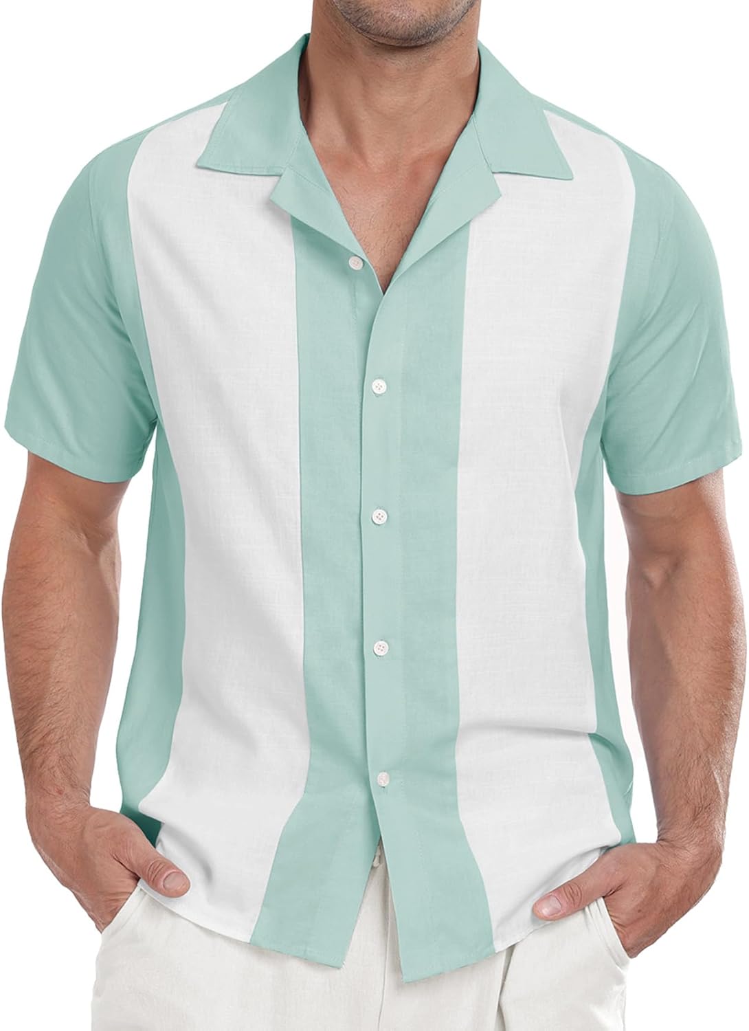 Askdeer Men's Linen Short Sleeve Vintage Bowling Shirt Casual Button Down Summer Cuba Beach Shirt Blue Green White - Image 2