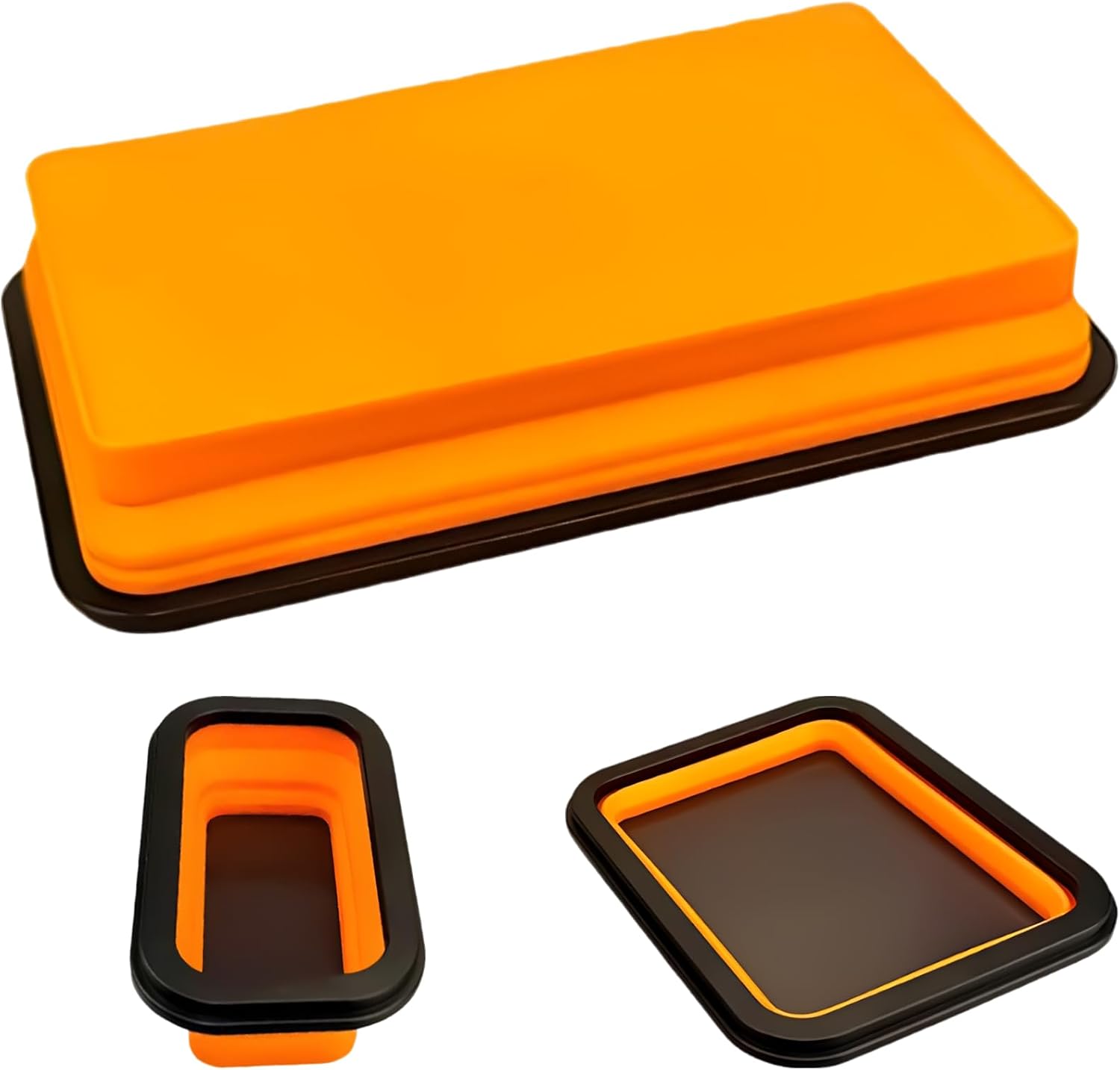 Foldable Silicone Storage Container, Adjustable Height Metal-Adhering Suction Plate, Single-Sided Absorption Multi-function Tray, Orange Black for Tools and Small Parts, 10.8 x 6.9 x 1.8 in, 1.9 lbs