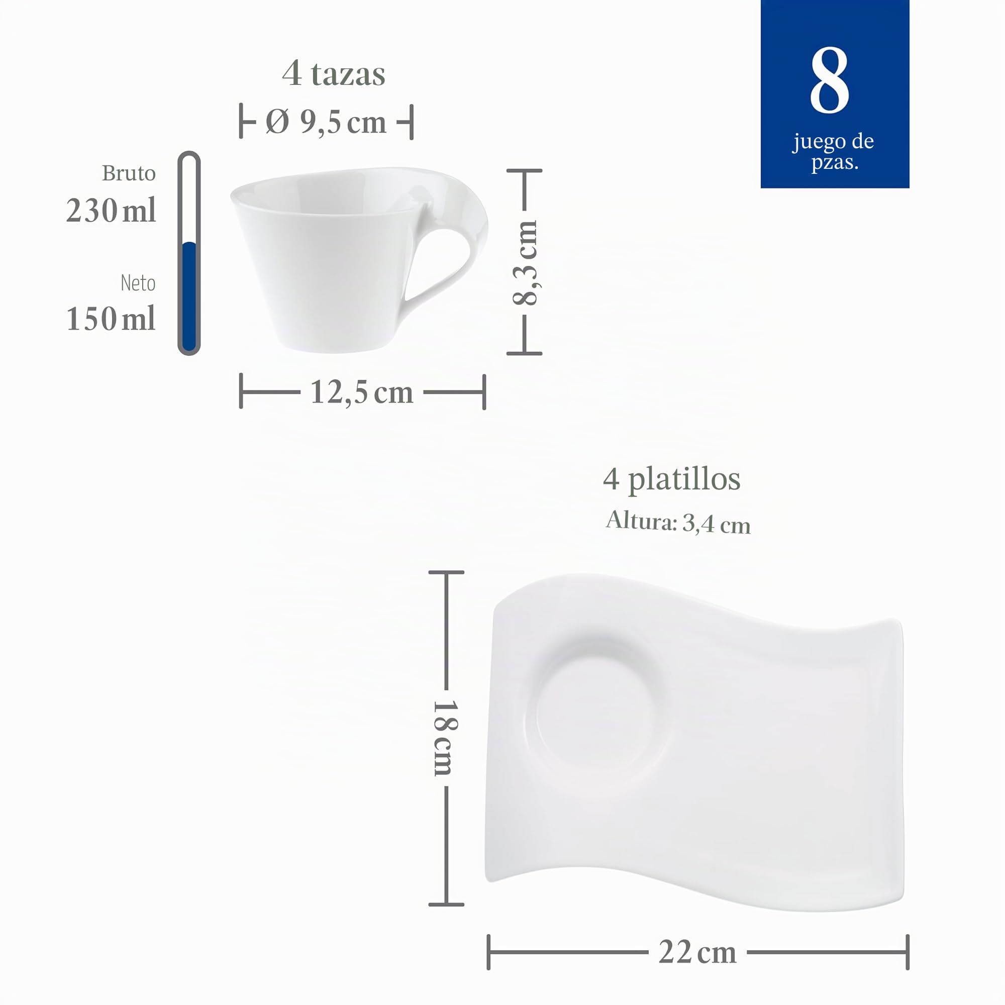 Villeroy & Boch - NewWave Caffé Juego de Capuchino 8 Piezas Blanco, Apto para Lavavajillas, Apto para Microondas, Set de Tazas y Tazones, Juego de Vajilla, Vajilla Blanca, Porcelana Premium